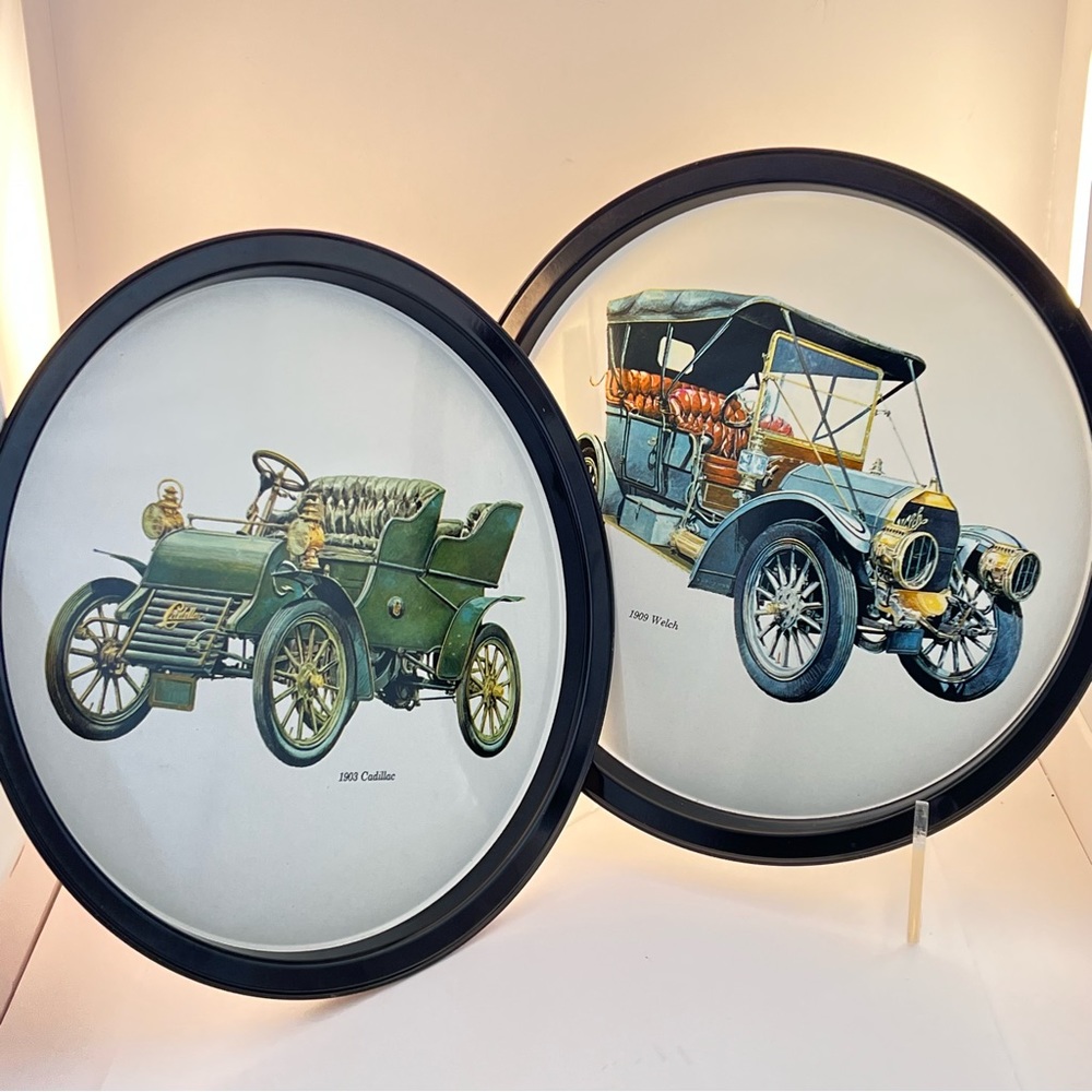 3/$30 2 Vintage Tin Serving Trays Antique Cars 1909 Welch & 1903 Cadillac